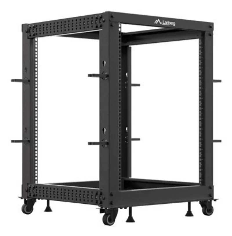 Rack LANBERG 19" 15U noir ouvert avec rails de montage, roues et pieds réglables pour serveurs en salle informatique.