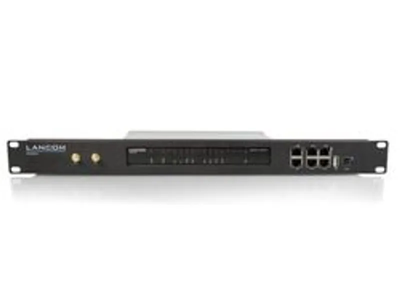 R&S LANCOM Rack Mount Plus, schwarze Netzwerkeinheit mit silbernen Montageklammern und weißem LANCOM-Logo, im