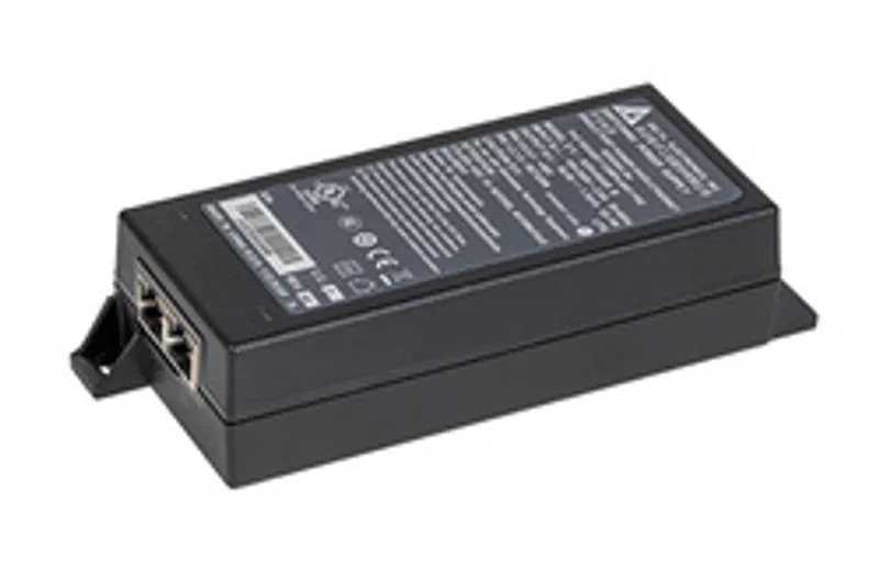 Inyector LANCOM GE PoE++ (EU), vista desde ángulo alto mostrando etiqueta con especificaciones técnicas y puertos Ethernet