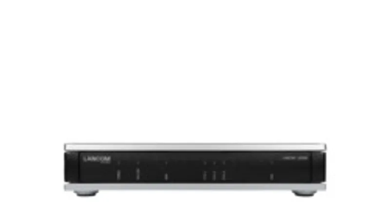 R&S LANCOM 1650E Netzwerkgerät mit silbernem Gehäuse, schwarzer Frontblende, LED-Anzeigen und Modellnummer auf stabilen