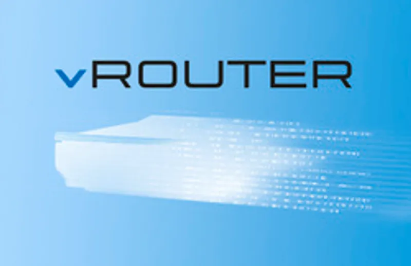 R&S LANCOM vRouter 50, weißes routerähnliches Gerät mit blauem vROUTER-Text, seitliche Ansicht mit weißen Lichtstrahlen auf