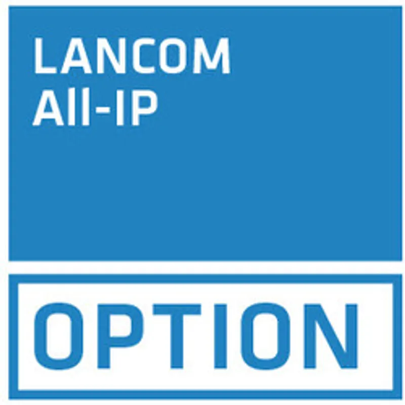 R&S LANCOM All-IP Lizenz Option: Blaues Quadrat mit weißer Schrift „LANCOM All-IP“ über weißem Rechteck mit blauer