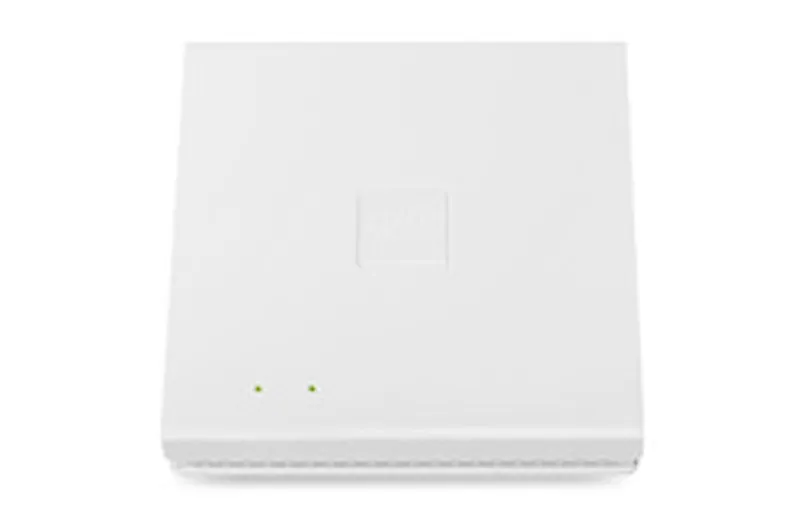 R&S LANCOM LX-6200 (EU, Bulk 10), white square networking device with green LED lights and ventilation slits, viewed from