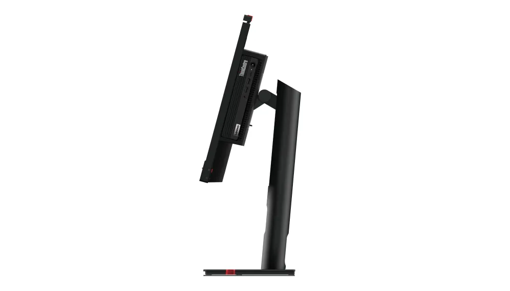 Lenovo ThinkCentre Tiny-In-One 24 Gen 5 Full HD monitor in black with cylindrical stand, side profile view showing rear