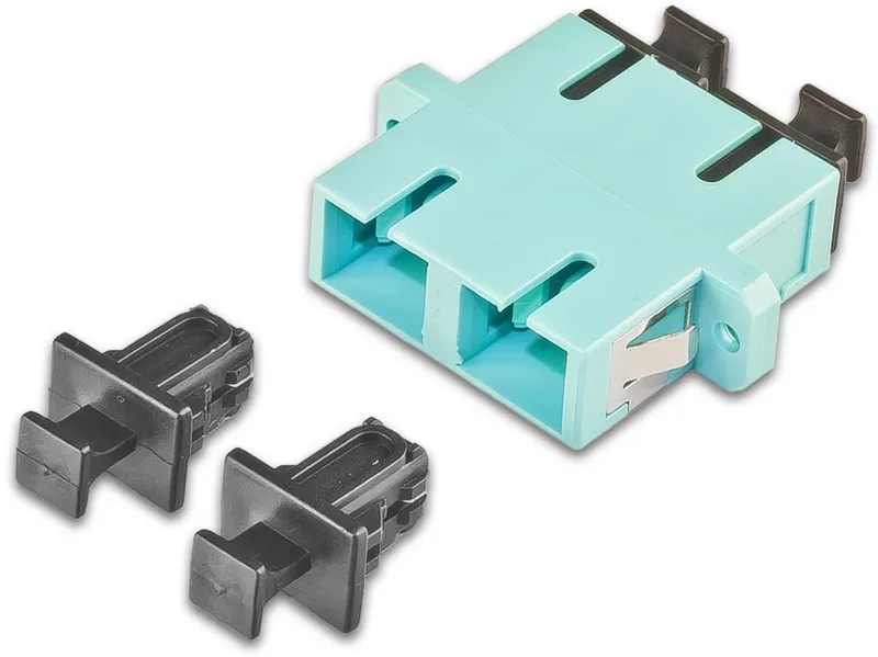 High Quality LWL Kupplung SC duplex multimode OM3 adapter with two included dust caps for fiber optic connections.