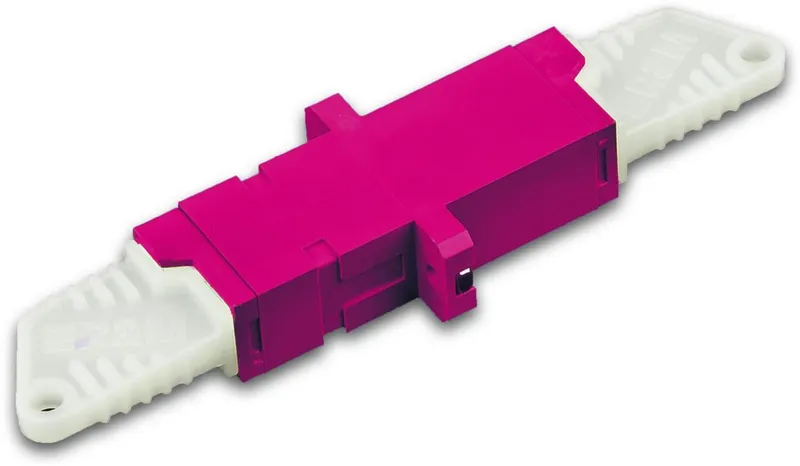 High Quality LWL Kupplung E2000 simplex Multimode OM4 coupling with magenta body and white pull-tabs shown at an angle on a