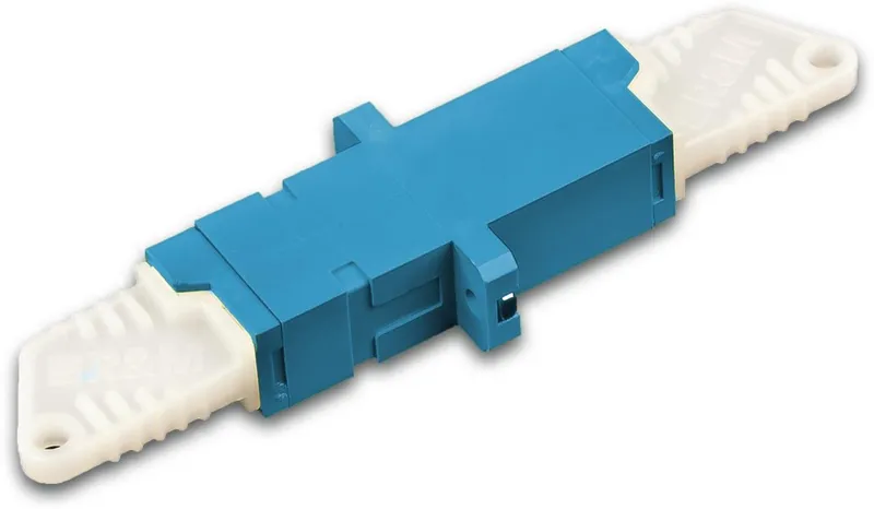 Coupleur fibre optique LWL E2000 simplex monomode avec connecteurs blancs et boîtier bleu pour raccordement haute performance
