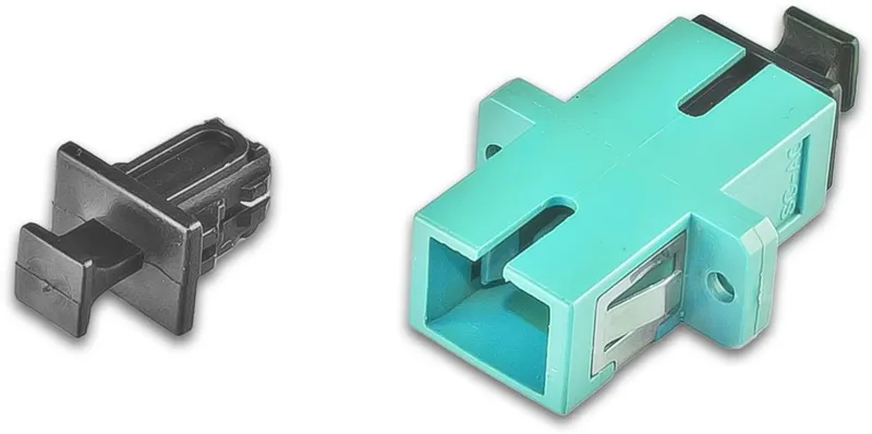 High Quality LWL Kupplung SC simplex Multimode OM3 adapter with dust cap shown side by side for fiber optic connections