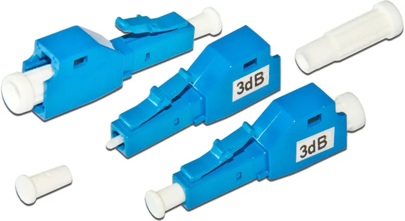 LC/SPC singlemode fiber optic attenuator with three 3dB blue LC connectors and dust caps on white background for network