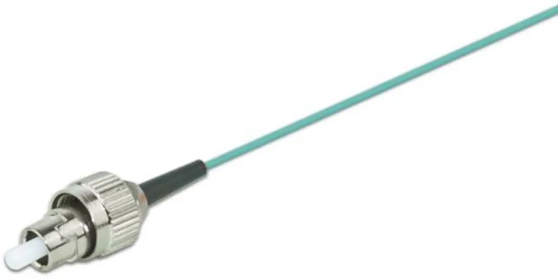 Faserpigtail multimode 50/125µm OM3 FC fiber optic cable with silver FC connector, white ceramic ferrule, black boot, and