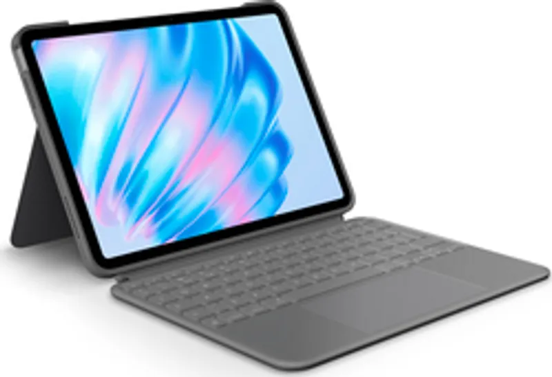 Logitech Combo Touch QWERTZ-Tastatur mit Smart Connector in Grau für iPad mit aufgestellter Halterung und buntem