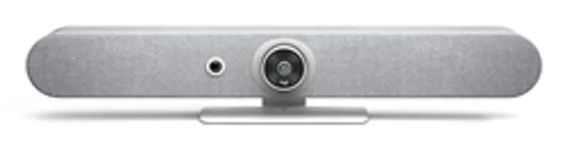 Logitech Rally Bar Mini, telecamera per videoconferenza bianca su supporto basso in primo piano.