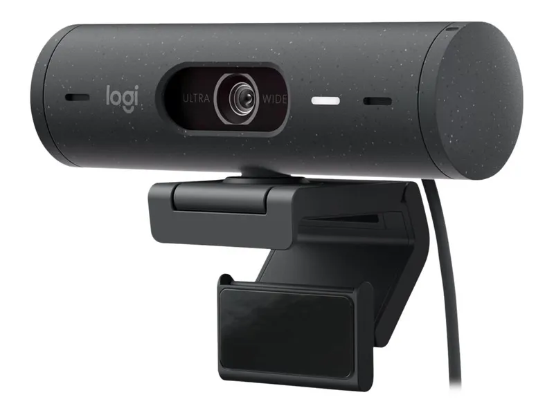 Веб-камера Logitech HD-Webcam BRIO 500 графитовая, цилиндрическая форма, передний левый угол, центральный объектив, надписи