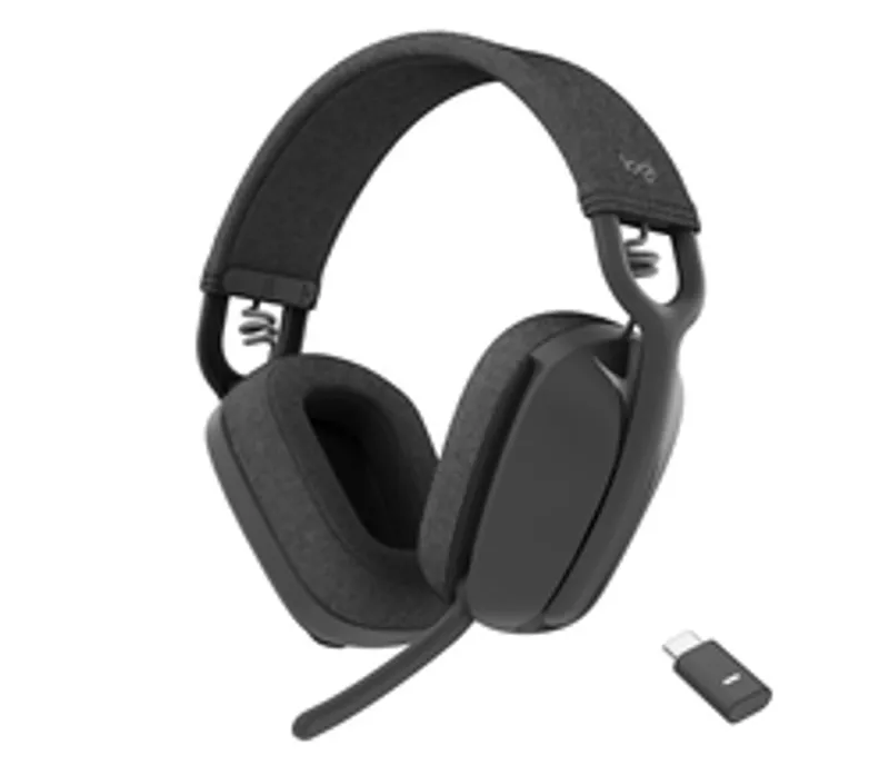 Casque Logitech Zone Vibe UC graphite en tissu gris foncé avec micro latéral et récepteur USB noir sur fond blanc.