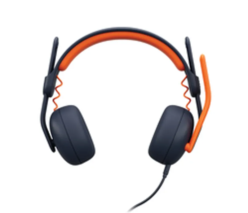LOGITECH Zone Learn headphones in Classic Blue with orange accents, front view showing padded headband, microphone boom,