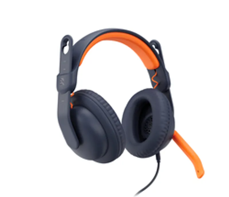 Logitech Zone Learn Classic Blue headphones with orange padding and mic boom, angled view showing dark mesh ear cup and