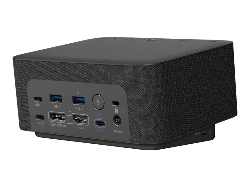 Logitech Logi Dock pour Teams noir, vue arrière trois-quarts montrant le panneau de connectivité lisse dans un boîtier en