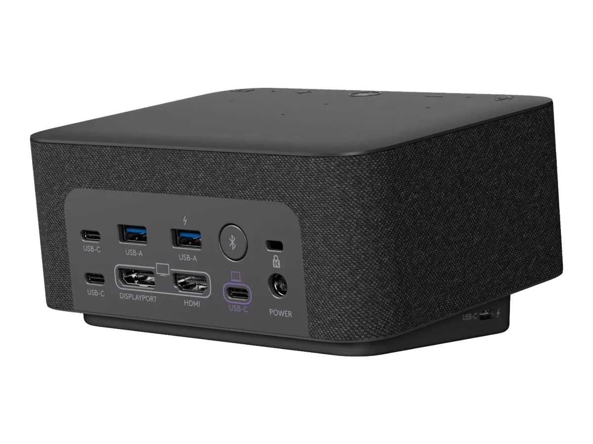 Logitech Logi Dock pour Teams noir, vue arrière trois-quarts montrant le panneau de connectivité lisse dans un boîtier en Logitech Logi Dock pour Teams noir, vue arrière trois-quarts montrant le panneau de connectivité lisse dans un boîtier en