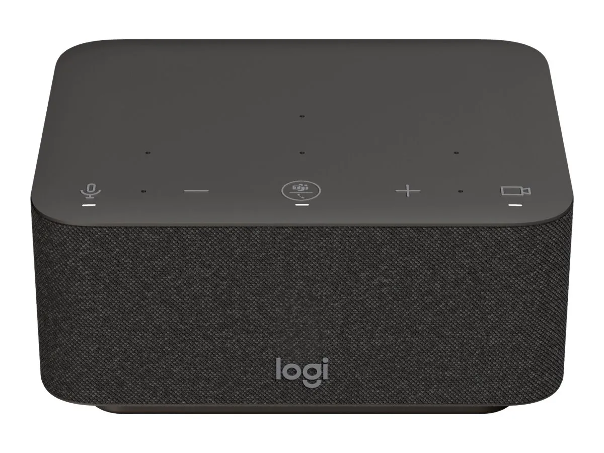 Logitech Logi Dock pour Teams noir, vue frontale haute montrant la surface de contrôle lisse et la grille en tissu texturée Logitech Logi Dock pour Teams noir, vue frontale haute montrant la surface de contrôle lisse et la grille en tissu texturée