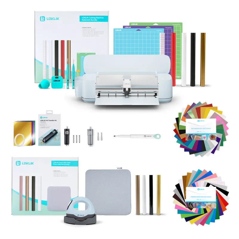 LOKLiK Build Your Brand Design Bundle featuring a light blue cutting machine with vinyl rolls, cutting mats, weeding tools,