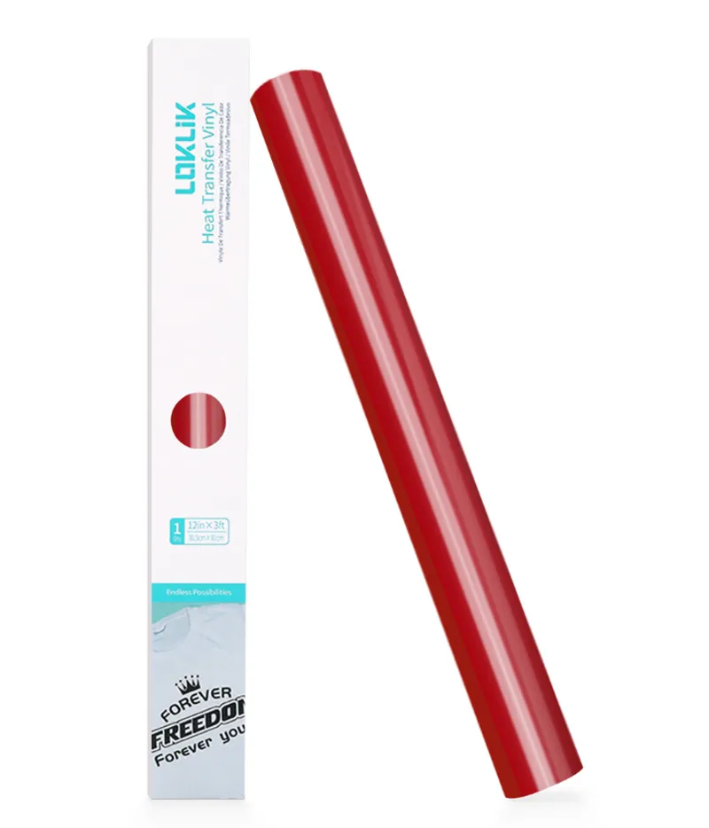 Rotolo di LOKLiK Heat Transfer Vinyl Basic rosso in confezione bianca con finestrella e campione di stampa applicato su