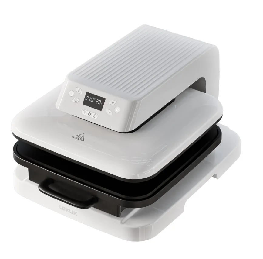 Weiße LOKLiK Auto Heat Press in Schrägansicht mit digitalem Display 210 20 Bedienfeld Warnsymbol und schwarzer Schublade.