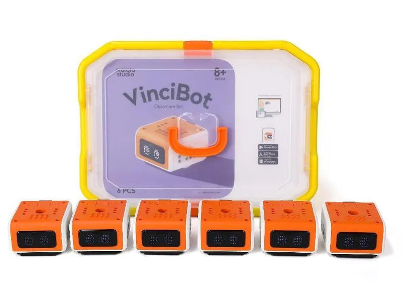 MatataStudio VinciBot Klasenset ab 8 Jahren - neu, caja de almacenamiento translúcida con marco amarillo y mango naranja