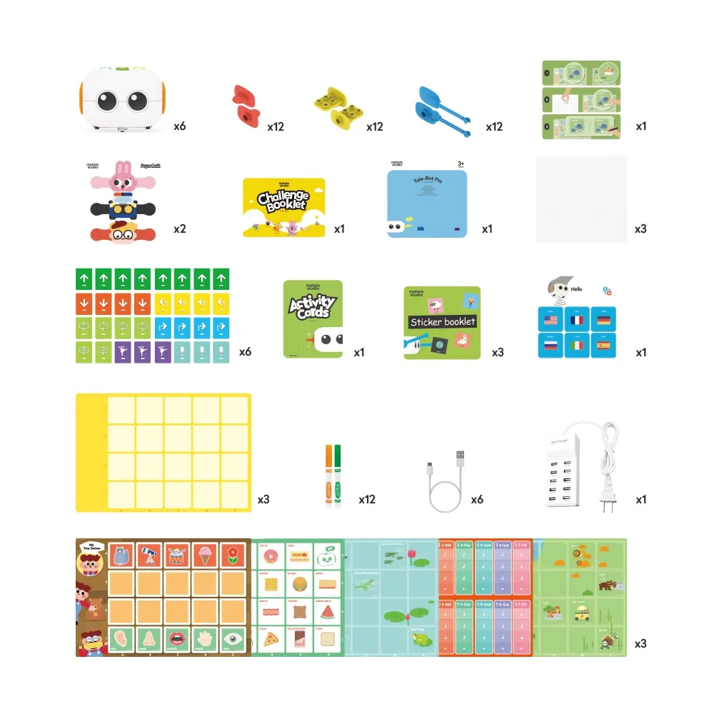 Matatastudio MatataLab MINT Roboter TaleBot Pro classroom set with six white robots and colorful educational accessories Matatastudio MatataLab MINT Roboter TaleBot Pro classroom set with six white robots and colorful educational accessories