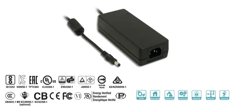 MEANWELL 24V 60W power supply showing angled DC output cable with ferrite bead and AC inlet for household, industrial, and