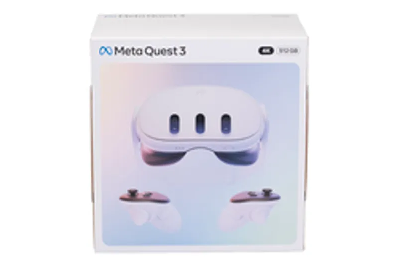 Meta Quest 3 512GB VR headset retail box with white headset, controllers, and gradient background on display.