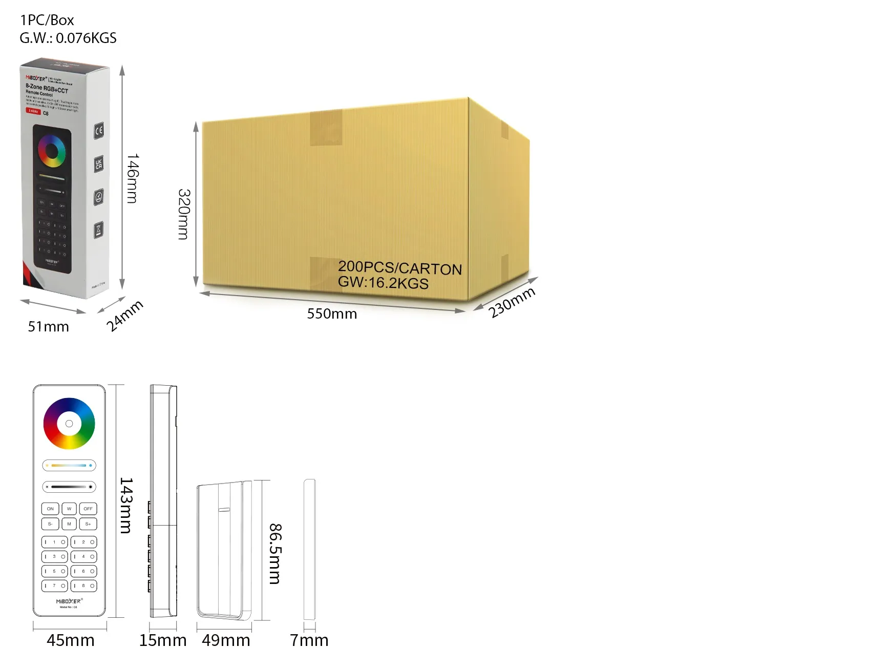 MiBoxer C8-W LED Fernbedienung 2,4GHz 8-Zonen-RGB+CCT (w)