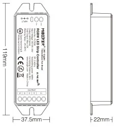 MiBoxer FUT038M контроллер LED RGB-W 2,4ГГц DC12/24В для лент, чертёж с размерами 119x37,5x22 мм в профиле.