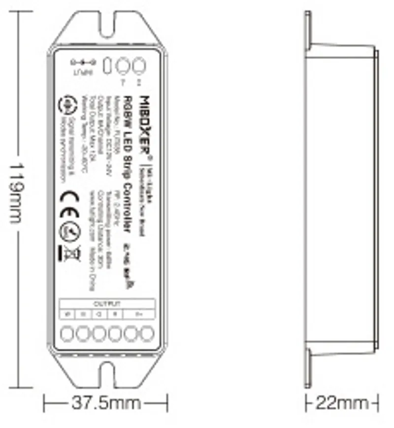 MiBoxer FUT038M контроллер LED RGB-W 2,4ГГц DC12/24В для лент, чертёж с размерами 119x37,5x22 мм в профиле.