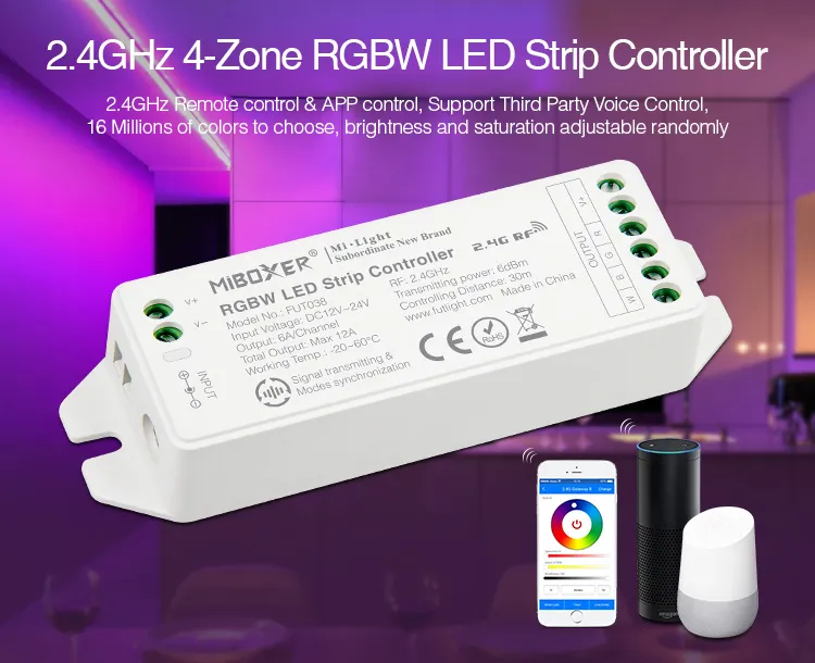 Контроллер MiBoxer FUT038M RGB-W для светодиодных лент с терминалами на фоне смартфона и колонок в приложении управления