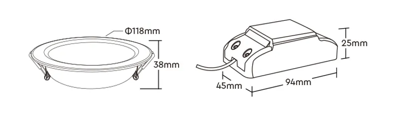 Panneau LED MiBoxer FUT068B 6W RGB-WW noir avec dimensions techniques du module rond 118mm et du driver 94x45x25mm en