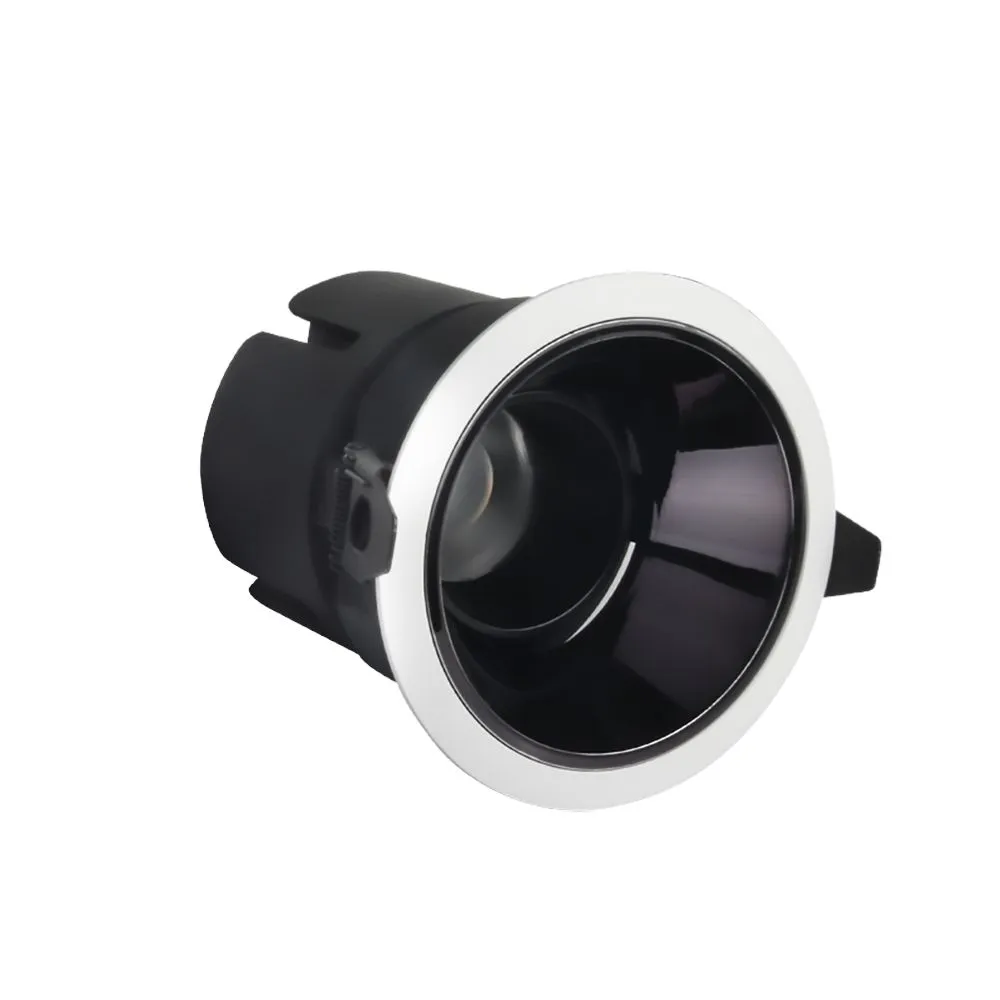 Luminaire encastré MiBoxer FUT077 LED 9W RGB-WW avec anneau blanc et boîtier noir à ressorts de fixation vu en angle sur Luminaire encastré MiBoxer FUT077 LED 9W RGB-WW avec anneau blanc et boîtier noir à ressorts de fixation vu en angle sur