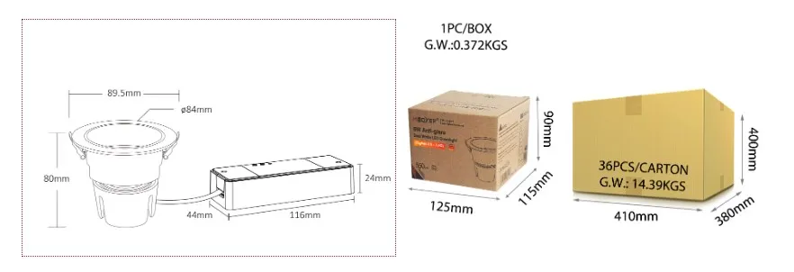 Éclairage LED encastrable MiBoxer FUT077 9W RGB-WW avec réglage CCT et télécommande 2,4 GHz, schéma technique avec Éclairage LED encastrable MiBoxer FUT077 9W RGB-WW avec réglage CCT et télécommande 2,4 GHz, schéma technique avec