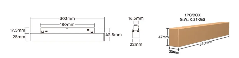 Luminaria LED MiBoxer MF2-12A-RF 48V 12W CCT con esquema técnico de medidas 303x42.5mm y empaque 310x30x47mm en caja marrón.