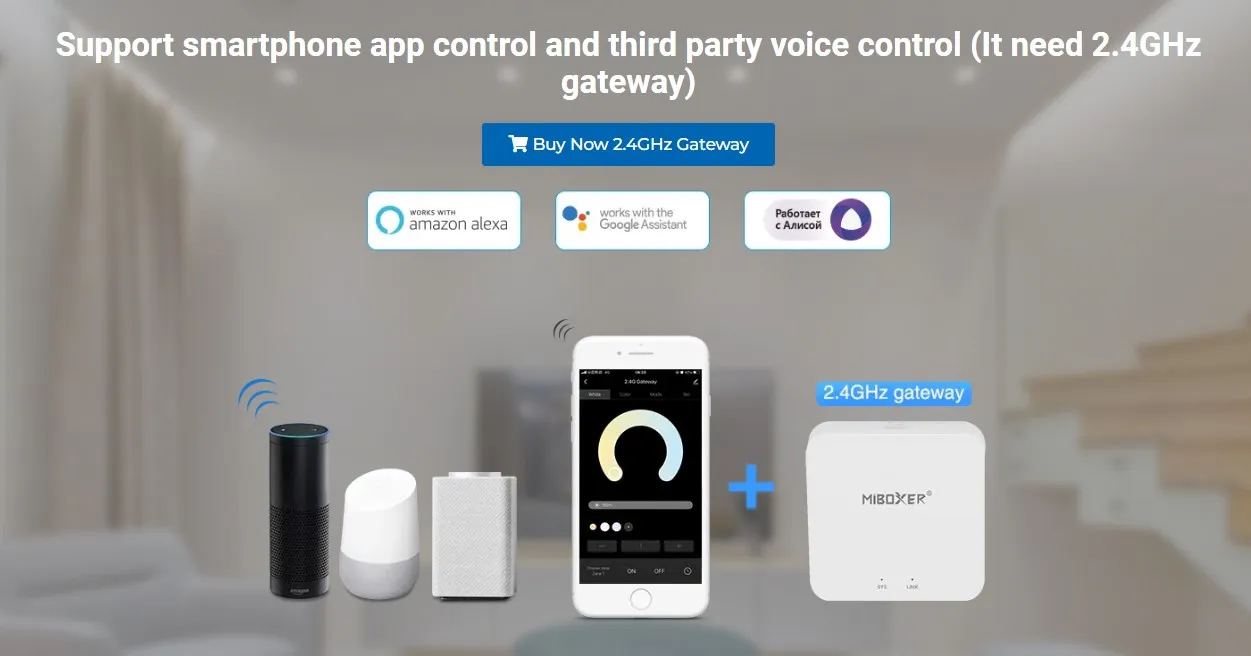 Luz LED MiBoxer MF2-12A-RF 48V 12W con control por app y asistentes de voz mostrando compatibilidad con Alexa, Google