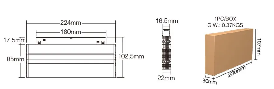 Luce a binario MiBoxer MG2-10F-ZL V2 LED 48V 10W CCT Zigbee con confezione e misure tecniche in mm dettagliate.