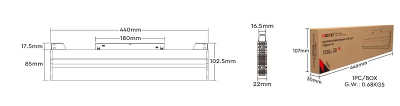 Luz LED MiBoxer MG2-20F-ZL V2 48V 20W regulable con Zigbee 3.0 y caja de embalaje marrón de 446x107x30mm en planos técnicos.