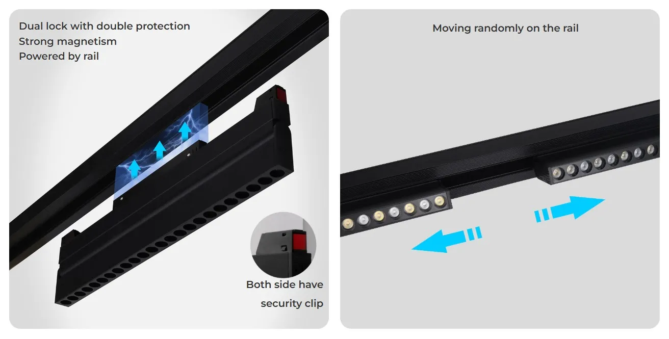 Luz LED MiBoxer MG2-20F-ZL V2 48V para riel con conexión magnética y clip de seguridad, ajustable en riel con doble