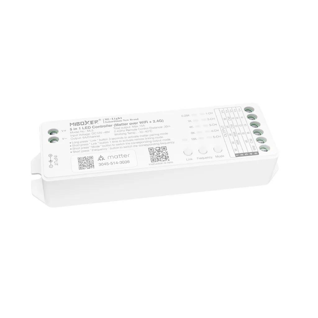MiBoxer ML5 LED Controller 5in1 RGB-WW (RGB-CCT) DC12~24V Matter Over WiFi + 2.4G MiBoxer ML5 LED Controller 5in1 RGB-WW (RGB-CCT) DC12~24V Matter Over WiFi + 2.4G
