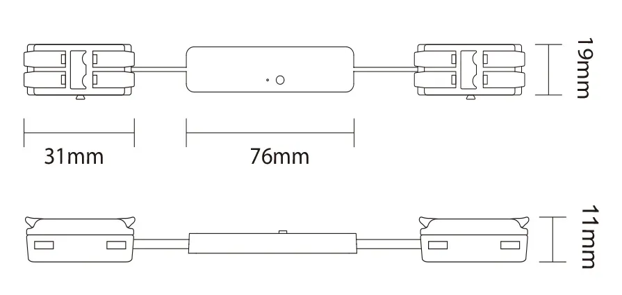 Contrôleur LED MiBoxer MLR2 2.4G mini monochrome avec schéma technique des dimensions 19x76x31mm et hauteur 11mm.