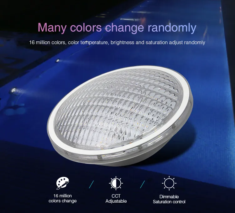 Lumière de piscine MiBoxer PW01 LED LoRa PAR56 27W RGB-WW en blanc avec lentille texturée, affichant des couleurs Lumière de piscine MiBoxer PW01 LED LoRa PAR56 27W RGB-WW en blanc avec lentille texturée, affichant des couleurs