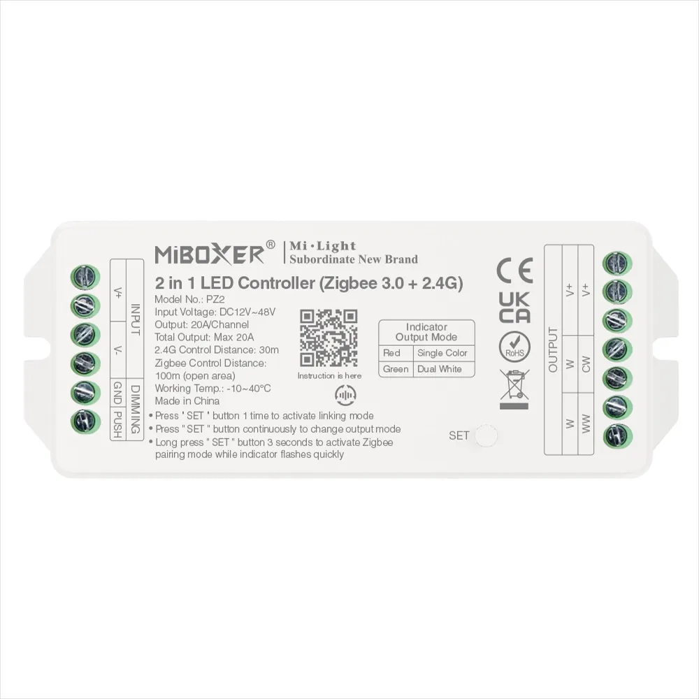 MiBoxer PZ2 LED Controller 2in1 DC12~48V Zigbee 3.0+ 2.4G HP 20A MiBoxer PZ2 LED Controller 2in1 DC12~48V Zigbee 3.0+ 2.4G HP 20A