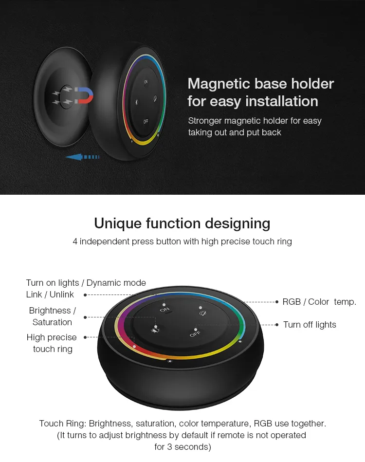 Télécommande MiBoxer S2-B LED Rainbow RGB-WW avec anneau lumineux multicolore et boutons ON/OFF, vue de haut pour réglage