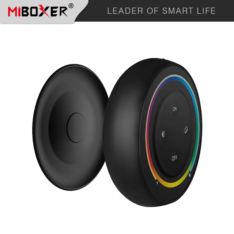 Télécommande MiBoxer S2-B LED Rainbow RGB-WW vue de face et dos avec anneau coloré et boutons ON/OFF pour éclairage RGB+CCT.
