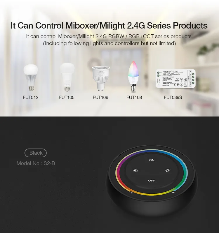Telecomando MiBoxer S2-W LED Rainbow RGB-WW con anello colorato e pulsanti ON/OFF e luminosità per luci smart compatibili