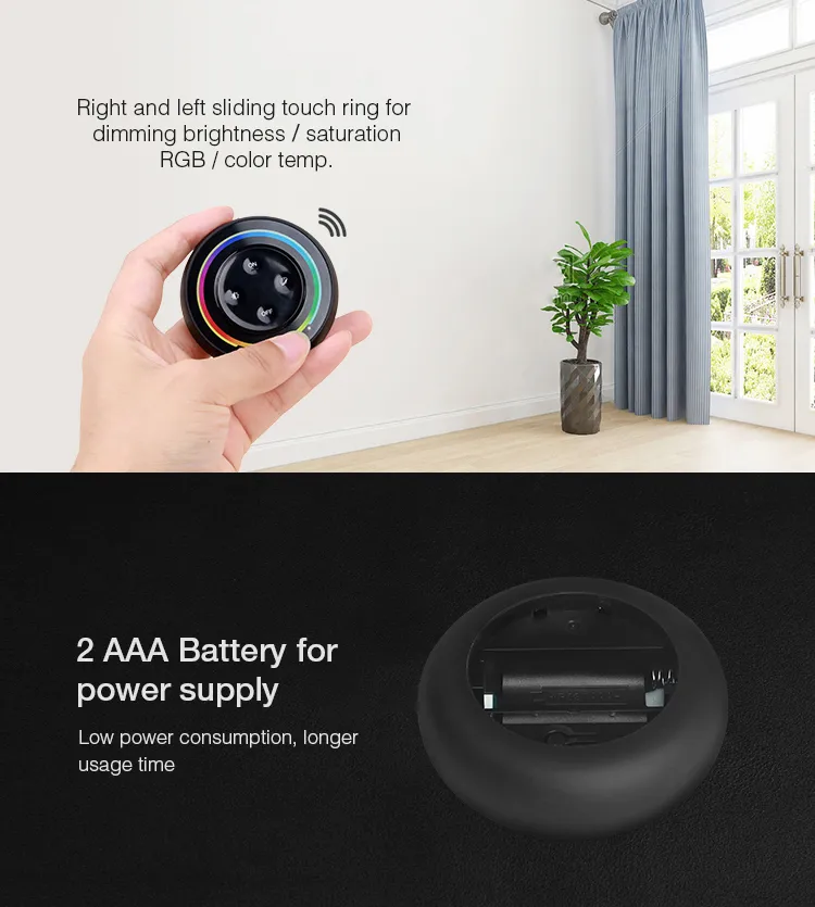 Telecomando MiBoxer S2-W LED Rainbow con anello touch RGB-CCT, mano che regge il dispositivo nero con pulsanti centrali e